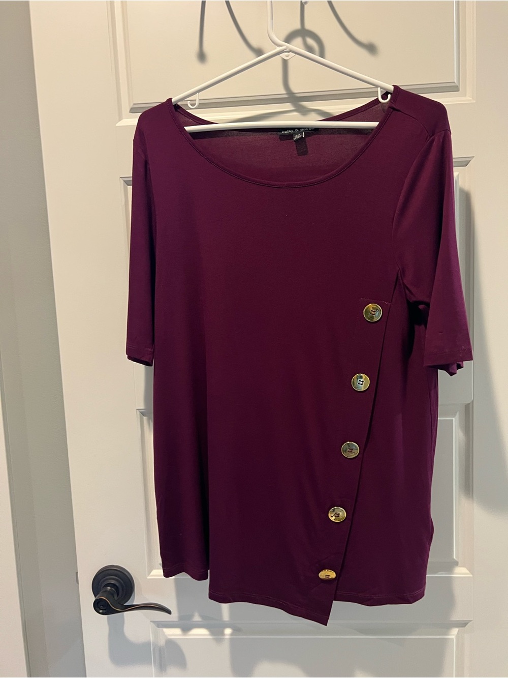 Cable & Gauge Plum Scoop Neck Short Sleeve Top with Gold Buttons
